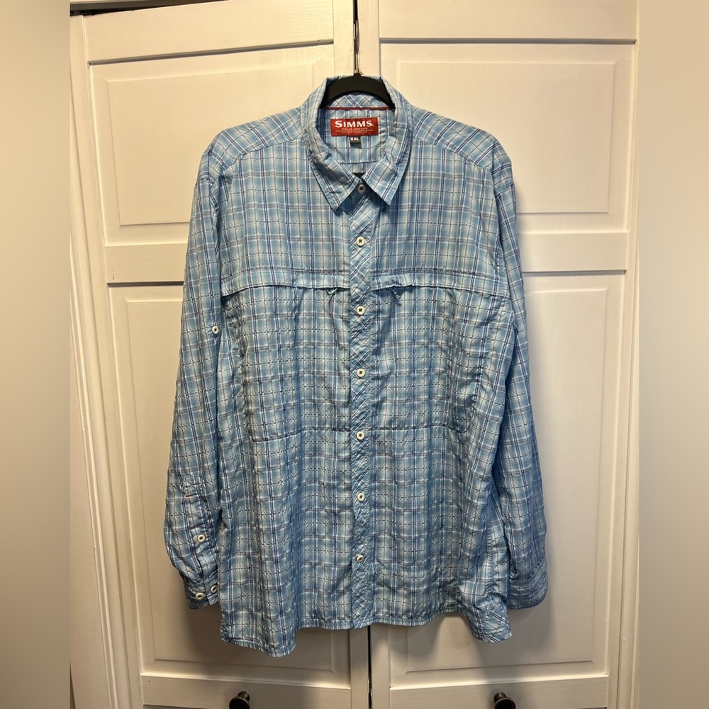Simms Long Sleeve  Button Down Checkered Shirt Size Men’s XXL Color Light Blue